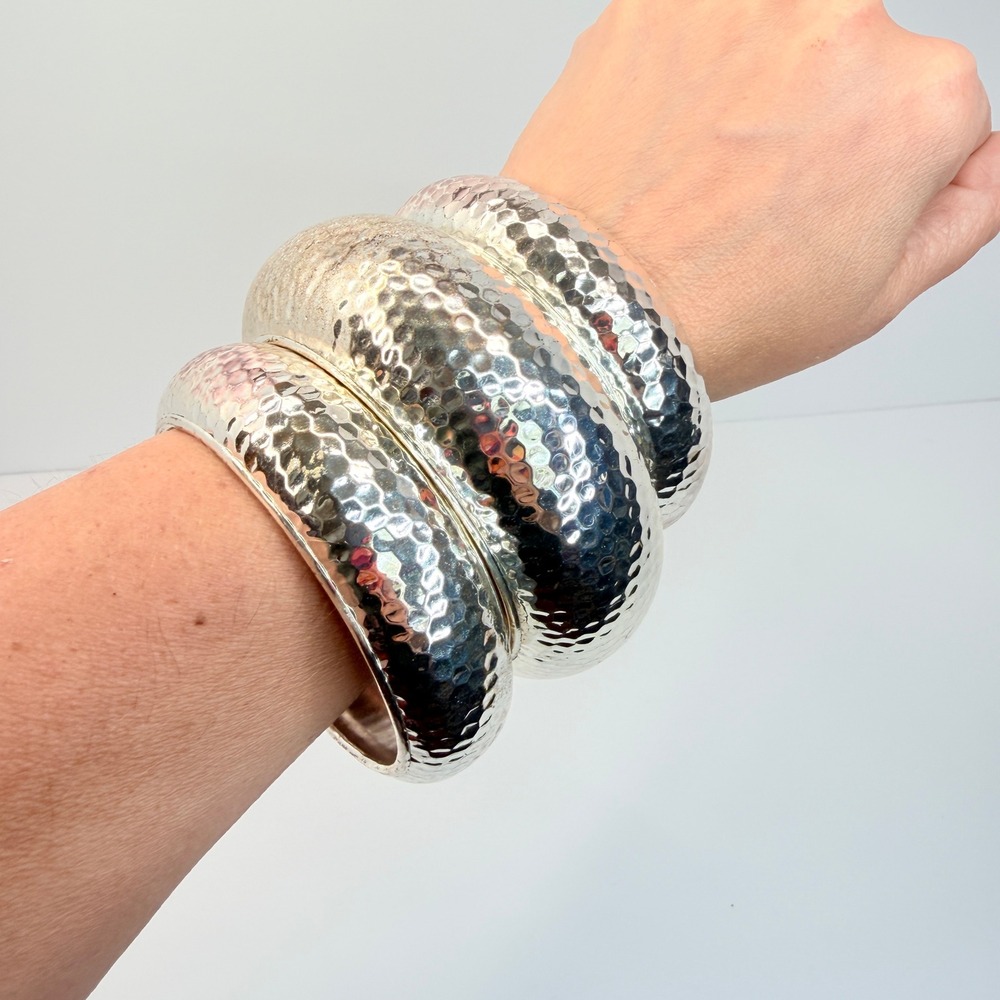 Vintage Hammered Silver Tone Chunky Domed Bangle Bracelet Set of 3